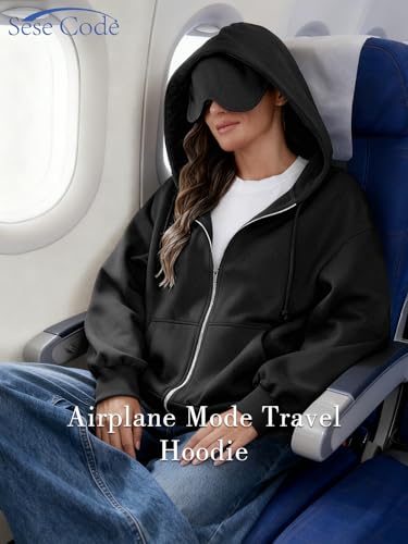SeSe Code Unisex Zip Up Hoodie With Eye Mask Airplane Mode Travel Hoodies - color: Black, size: Large