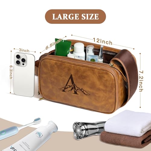 Travel Toiletry Bag For Mens PU Leather Engraved Initials (Yellow Brown D) - color: Brown, style: D