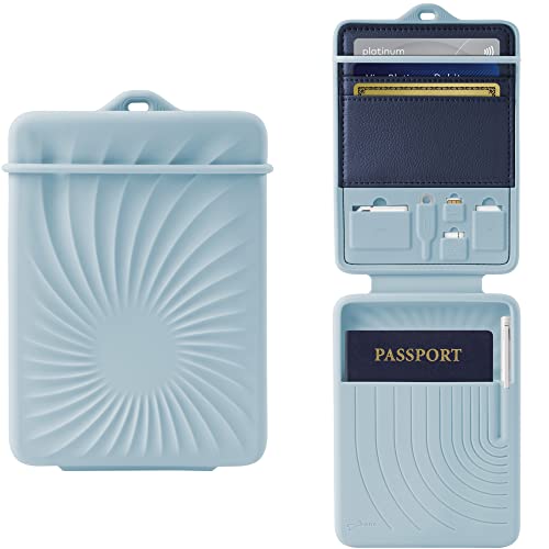 Bone Lanyard Passport Holder, Passport Cover with Travel Gadget Set & Card Slots, Duel-Sided Passport Wallet with Leather & Premium Silicone (Blue) - color: Blue