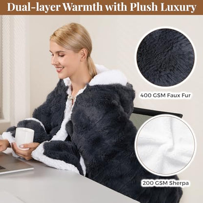 Wearable Heated Blanket Hoodie, Luxury Faux Fur & Sherpa Electric Throw Blanket, Heated Shawl Wraps Poncho with Pockets for Women Men, 3 Heat Levels & 12H Timer, ETL & FCC Certified, 40"x70",Dark Grey - color: Dark Grey, size: 40"x70"