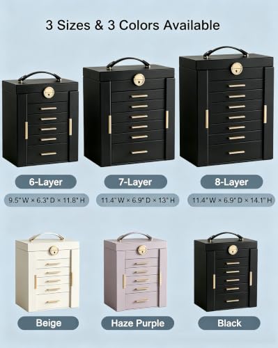 Lolalet Large Jewelry Box, 7-Layer Jewelry Organizer with 6 Drawers -Black - color: Black, size: 7-Layer (11.4" W × 6.9" D × 13" H)