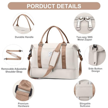 Weekender Bags for Women,Travel Duffle Overnight Bag with Shoe Compartment - color: Beige & Brown-3Pcs, size: Large