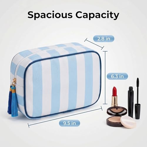 Preppy Striped Makeup Bag for Women, Structured Travel Cosmetic Pouch with Protective Sponge Padding, Large Canvas Toiletry Organizer with Tassel Zipper for Daily Purse(Blue White) - color: Blue White