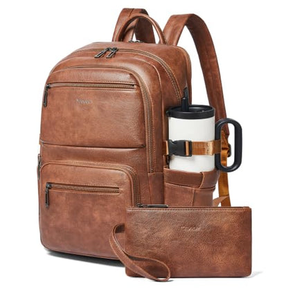 Leather Laptop Backpack for Women with RFID Wristlet Purse, Fits 17" Laptop - color: Black