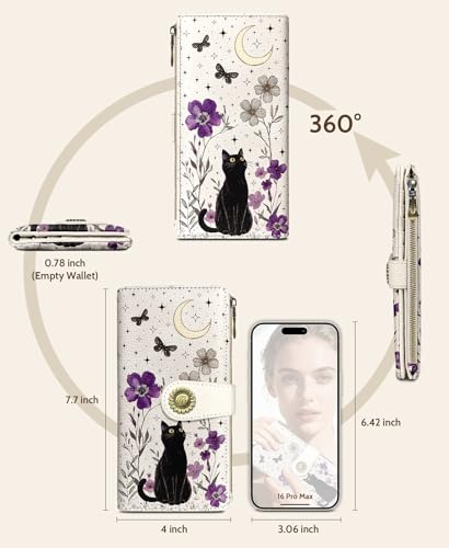 GIANCOMICS Black Cat Womens Wallet RFID Blocking, Credit Card Holder Bifold - color: Black Cat Flower