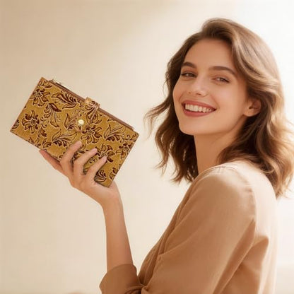 Travelambo Womens Leather Bifold Wallet, Slim RFID Blocking Card Holder - color: Brown Flower