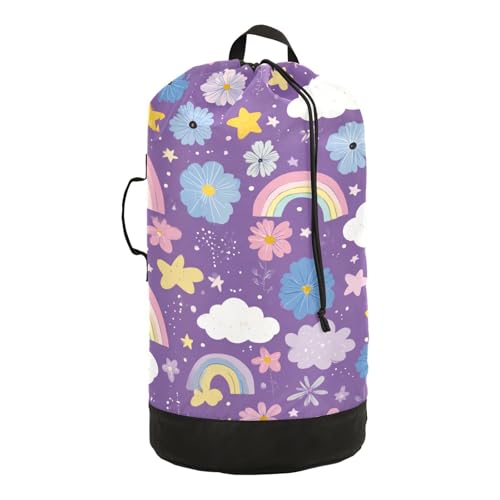 Cute Purple Rainbows Stars Flowers Laundry Backpack Bag with Adjustable Shoulder Straps Handle Dirty Laundry Hamper Bag for Traveling Camp College Dorm Heavy Duty Waterproof Large Capacity - color: Cute Purple Rainbows Stars Flowers