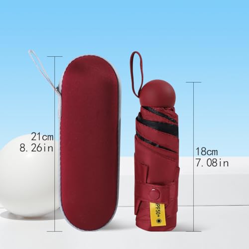 Five Fold Umbrella with Hard Shell Case Compact Travel Size UPF 50+ Manual Folding Rain Sun Umbrella Lightweight for Bag - color: wine red