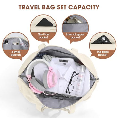 Women's Weekender bag Travel Duffel Bag with Shoe Compartment 21-inch Airline-Approved Carry-On, 2-Piece Overnight Bag Set Personal Item Luggage - color: 1A-Beige