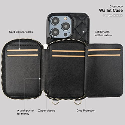 Bocasal Crossbody Wallet Case Card Holder for iPhone 14 Pro Max Black - color: Black