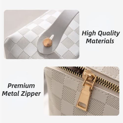 Checkered Makeup Bag,180° Flat Open Cosmetic Bag for Women,Large Capacity Travel Toiletry Bag with Brush Pouch,Waterproof PU Leather Make Up Organizer for Skincare & Makeup (white-checkered) - color: White-Checkered