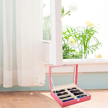 AUTOARK Leather 8 Piece Eyeglasses Storage and Sunglass Glasses Display Case Organizer - color: Rose Red/Beige