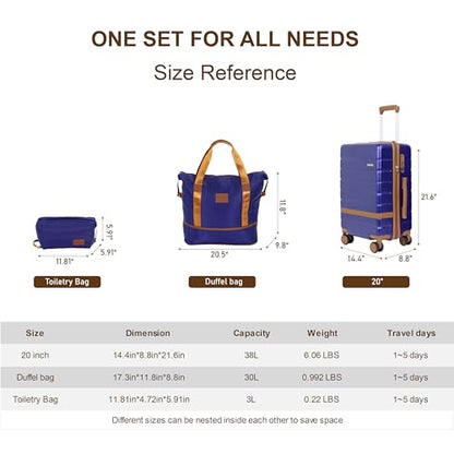 Lightweight Hardshell 3-Piece Luggage Set with 360° Silent Spinner Wheels | 20-Inch Carry-On Suitcase, TSA Lock, Durable PC+ABS Material, Ideal for Air Travel & Vacations (Blue) - color: Navy, size: 3 piece set (20")