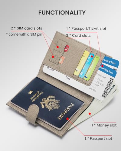 Karmiir RFID Passport Holder Travel Wallet for Women, Leather Passport Cover Wallet with Card Holders SIM Slots,Zippered Coins Pocket and Cash Slot Slim Compact Travel Wallet (Eephant Grey) - color: Elephant Grey