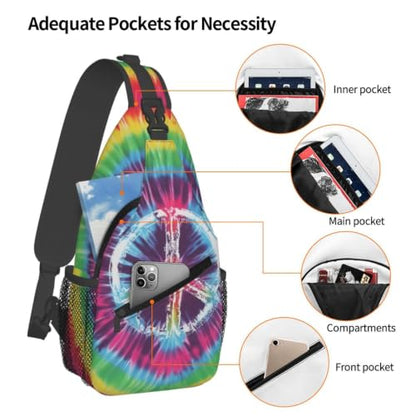 bassyil Tie Dye Peace Sign Rainbow Sling Bag Crossbody Travel Hiking Chest Backpack Shoulder Daypack for Women Men - color: Tie Dye