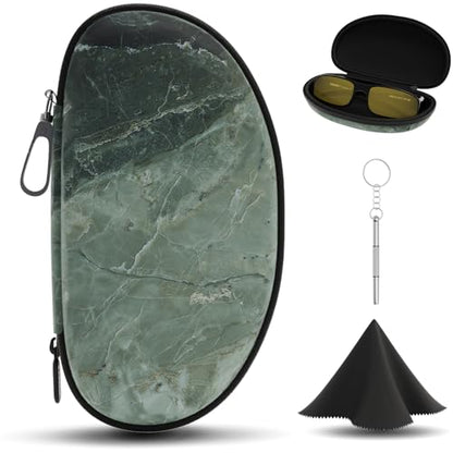 LTGEM Glasses Case Hard Shell, Hard Sunglasses Travel Case for Women Men, Large Eyeglass Cases with Clip and Cleaning Cloth - color: Marble Green