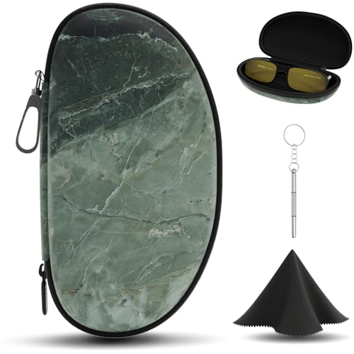 LTGEM Glasses Case Hard Shell, Hard Sunglasses Travel Case for Women Men, Large Eyeglass Cases with Clip and Cleaning Cloth - color: Marble Green
