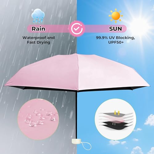 Mini Travel Folding Umbrella - Small Compact Sun Retractable Umbrella with Case, Lightweight Portable UPF 50+ Rain UV Protection Windproof Parasol for Pocket Backpack Women Girls Lady - color: Pink