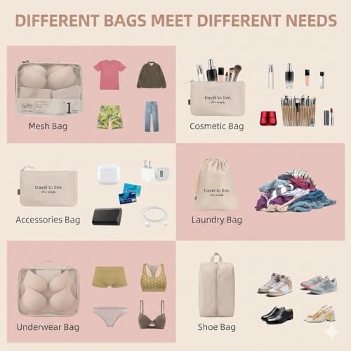 7 Set Packing Cubes for Travel, Compression Luggage Organizer Bags for Suitcase Mesh Travel Essentials with Shoe Bag, Drawstring Bag & Clothing Organizer for Carry On, Beige
