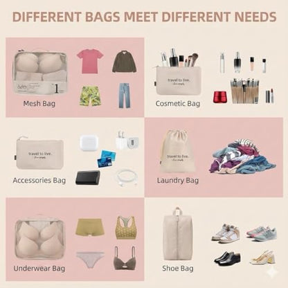7 Set Packing Cubes for Travel, Compression Luggage Organizer Bags for Suitcase Mesh Travel Essentials with Shoe Bag, Drawstring Bag & Clothing Organizer for Carry On, Beige