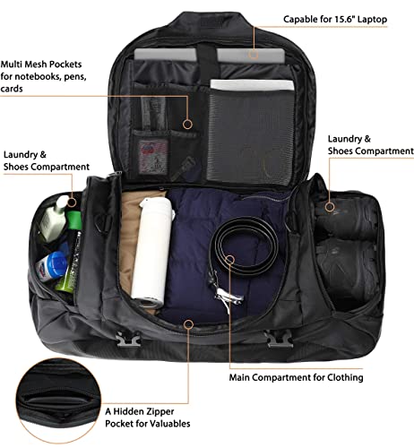 Ubon Convertible Duffel Backpack Weekender Gym Bag with Shoe Compartment - color: Black, size: 55L