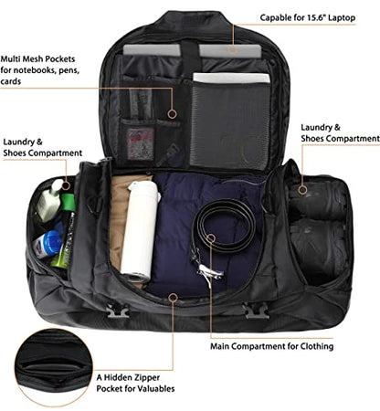 Ubon Convertible Duffel Backpack Weekender Gym Bag with Shoe Compartment - color: Black, size: 80L