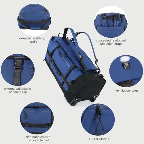 29 Inch Foldable Wheeled Duffle Bag, Waterproof Rolling Travel Bag - color: Navy