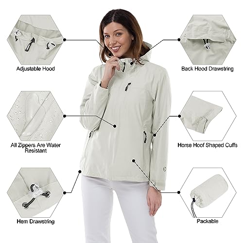 Outdoor Ventures Packable Rain Jacket Women Waterproof Raincoat with Hood - color: Ice Grey, size: Medium