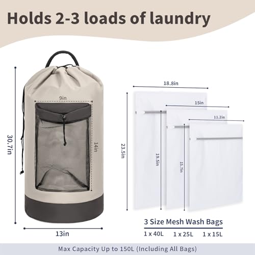 150L Laundry Bag Backpack with 3 Sizes Mesh Wash Bags and Shoulder Straps - color: Beige, size: 150L