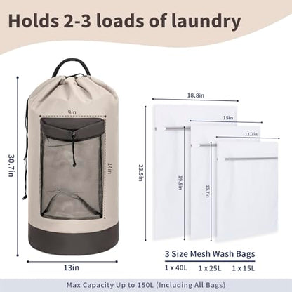 150L Laundry Bag Backpack with 3 Sizes Mesh Wash Bags and Shoulder Straps - color: Beige, size: 150L