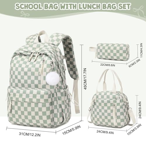 3PCS Corduroy Girls Backpack w/ Lunch Box & Pencil Bag (Green Chessboard) - color: Green Chessboard