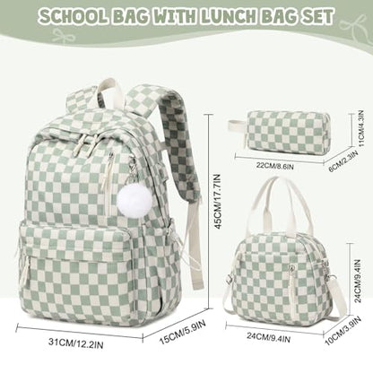 3PCS Corduroy Girls Backpack w/ Lunch Box & Pencil Bag (Green Chessboard) - color: Green Chessboard