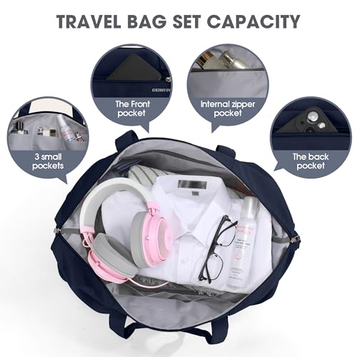 Women's Weekender bag Travel Duffel Bag with Shoe Compartment 21-inch Airline-Approved Carry-On, 2-Piece Overnight Bag Set Personal Item Luggage - color: 1-Navy