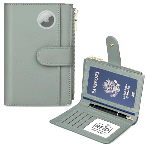 RFID Passport Holder for Travel, Leather Passport Wallet Cover with Airtag | with Airtag Slot, Card Cash Holders, Zippered Coins Pocket, for Women/Men, Gift Box, Travel Essentials, 4.1"L x 1"W x 6.3"H - color: Light Green
