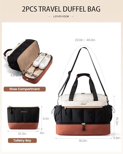 LOVEVOOK Travel Duffel Bag, Weekender Bags for Women, Large Overnight Bags with Shoe Compartment, 38L Carry on Gym Hospital Bag with Wet Pocket, 2 Pcs - color: Beige-Gray-Black, size: Large-2 Pcs