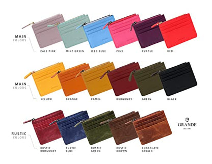 grande 3603 Genuine Leather Card Holder For Women and Men Slim Minimalist Small Zipper Wallet (BURGUNDY) - color: BURGUNDY