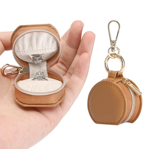 KUKUVR Small Travel Ring Holder Box with Keychain (Brown) - color: Brown