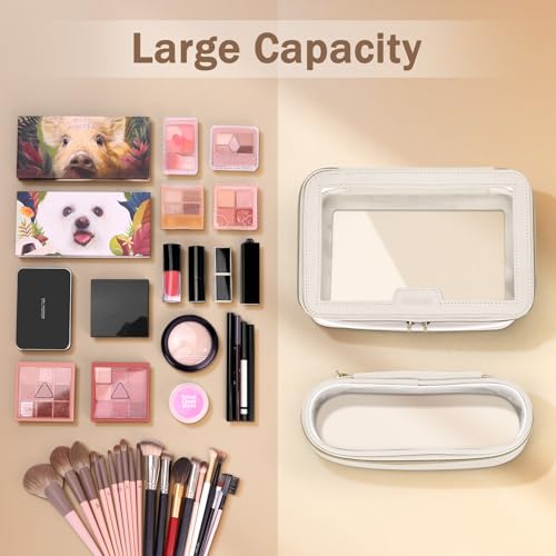 Soimeat Travel Clear Makeup Bag with Makeup Brush Bag, Leather Makeup Case Toiletry Bag, Portable Cosmetic Bag Case, Transparent Waterproof Cosmetic Organizer Storage Bag for Women, Medium, Off-White - size: M