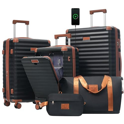 Merax Hardside Luggage Set,5 Piece Front Opening Suitcase Set.Black - color: Black and Brown, size: 5 Piece(20/24/28/DB/TB)