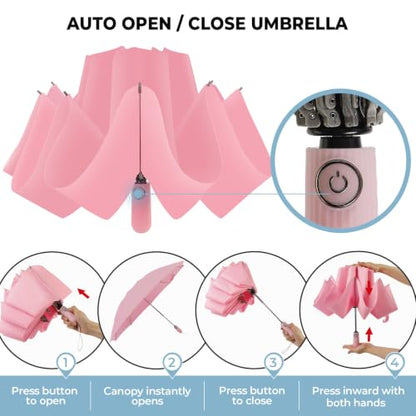 ZDSSM Inverted Umbrella for Rain, Compact Windproof Auto Open Close - color: Pink