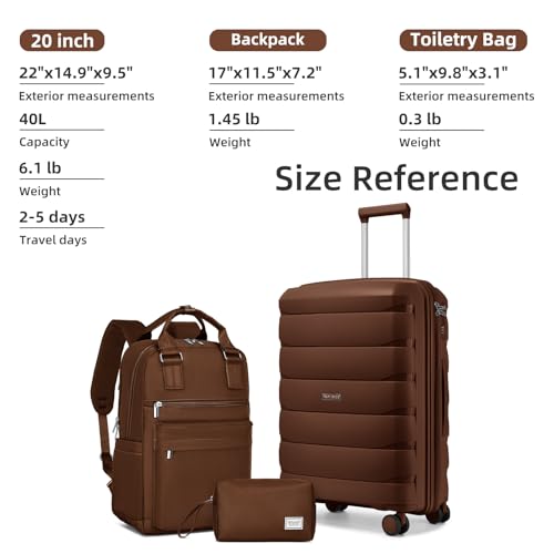 22 Inch Carry On Luggage, 3-piece Luggage Set Carry-on Suitcase - color: Mocha-3pcs, style: 3 Piece Set (Backpack)