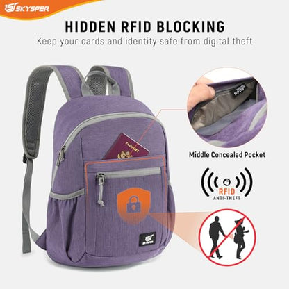 SKYSPER Anti Theft Hiking Backpack, 18L RFID Packable Travel Daypack, Lightweight Foldable Back Pack for Walking Daytrip - color: Purple, size: Small