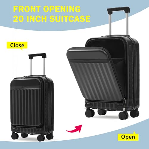 Merax Luggage Sets 2 Piece Front Opening, Hardside 20/24 IN Suitcase - color: Black, style: Luggage Set With Top Open 20
