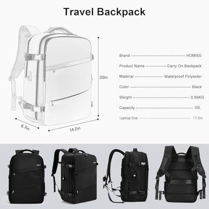 HOMIEE 50L Travel Backpack Large Suitcase Water Resistant Carry on Luggage - color: Black, size: 3X-Large