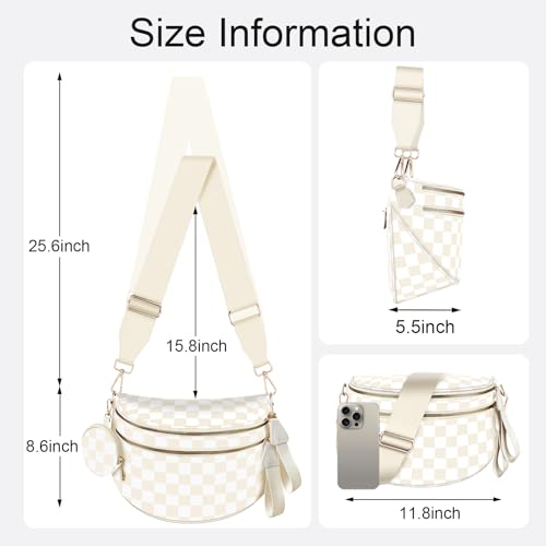 Bum Bags for Women Checkered Crossbody Bag Large Nylon Belt Purse Fanny Packs, Bonus with a Extra Strap - color: Beige Checkered