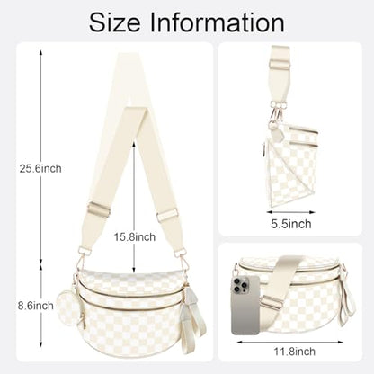 Bum Bags for Women Checkered Crossbody Bag Large Nylon Belt Purse Fanny Packs, Bonus with a Extra Strap - color: Beige Checkered