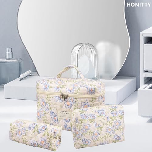 honitty Makeup Bag,Quilted Cosmetic Bags for Women - color: Blue-Flower