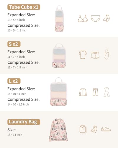 Narwey Compression Packing Cubes for Travel, Cute Luggage Organizer Bags - color: Y-Beige Flamingo