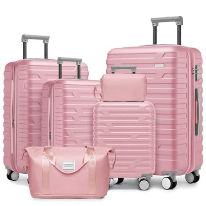 LARVENDER Luggage Sets 6 Piece Expandable Suitcases with Wheels, Pink | Smooth 360° Double Wheels, TSA-approved lock, Lightweight ABS Hardshell, Family Travel, 6-Piece Set, 18/20/24/28/DB/TB - color: Pink Blush, size: Hardside-6 Piece Set
