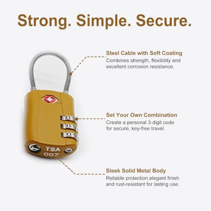 TSA Locks for Luggage, Small Padlock Combination with Cable, Luggage Locks TSA Approved, Combo Padlock with Code, for Travel Suitcase, Gym Locker, Gun Case, Backpack Zipper (Black+Golden) - color: Black+Golden